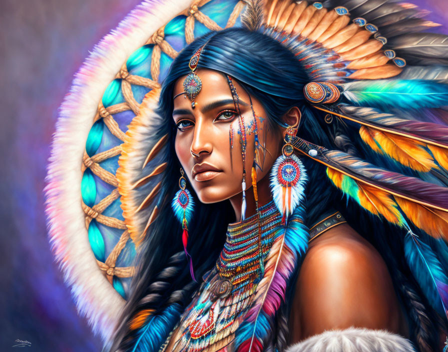 Digital artwork featuring woman in Native American headdress & jewelry