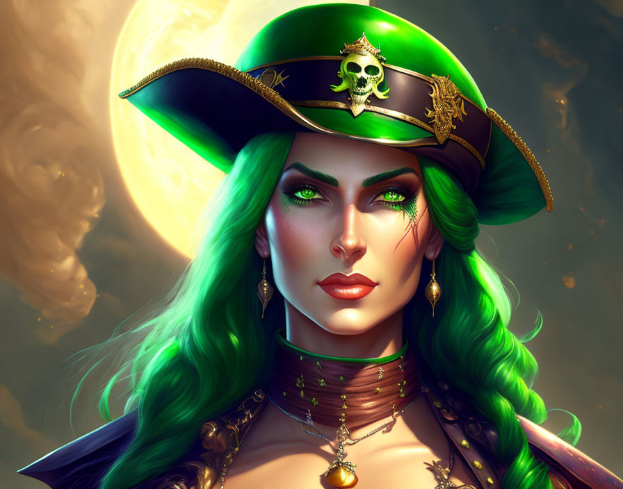 Vibrant green-haired woman with pirate hat in digital painting