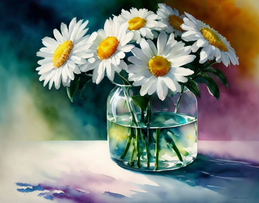 Colorful Watercolor Painting of White Daisies in Glass Jar