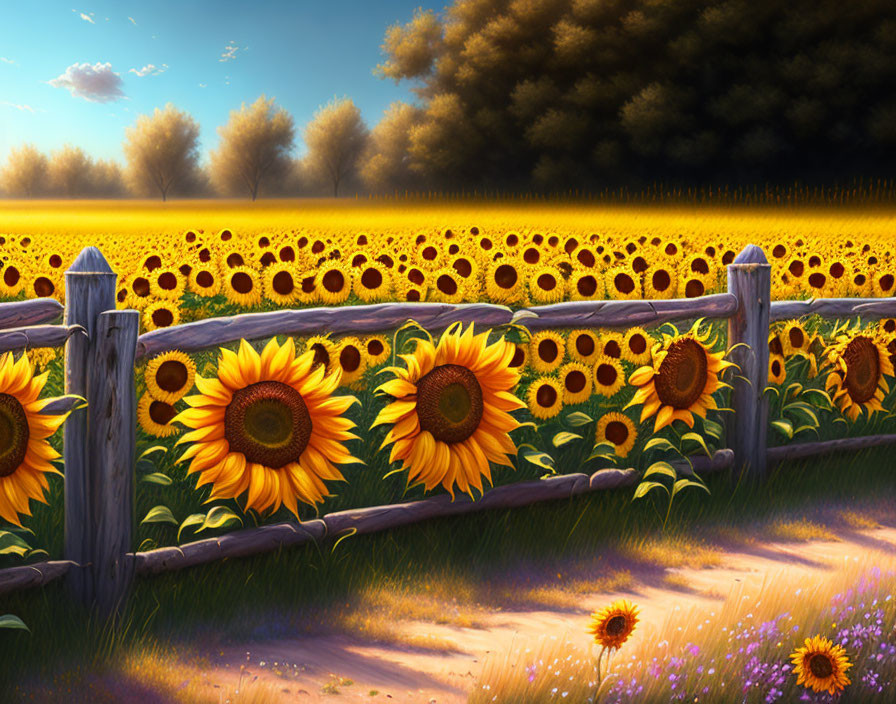 Sunflower Field Behind Wooden Fence at Sunset