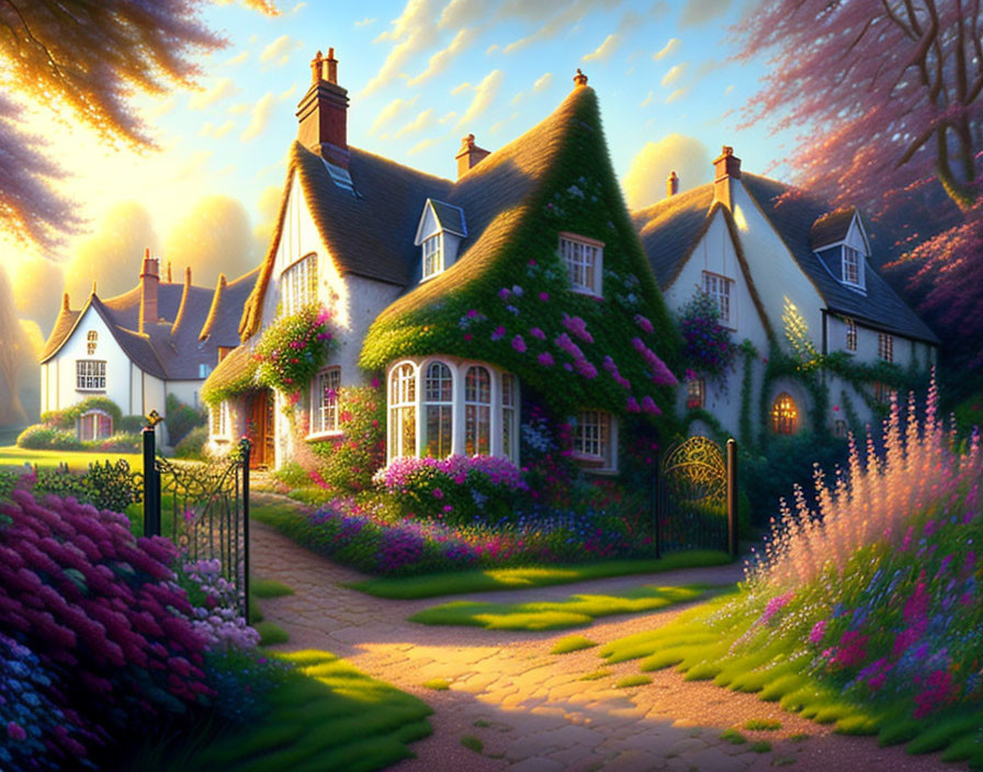 Charming cottage surrounded by lush gardens and vibrant sunset sky