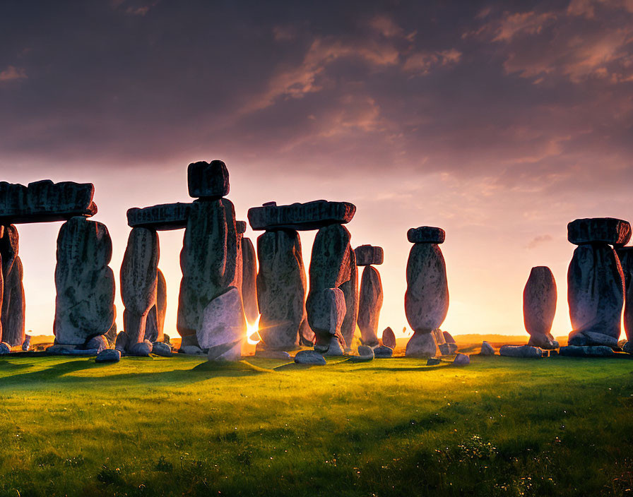 Sunrise illuminating Stonehenge megaliths with long shadows under dramatic sky