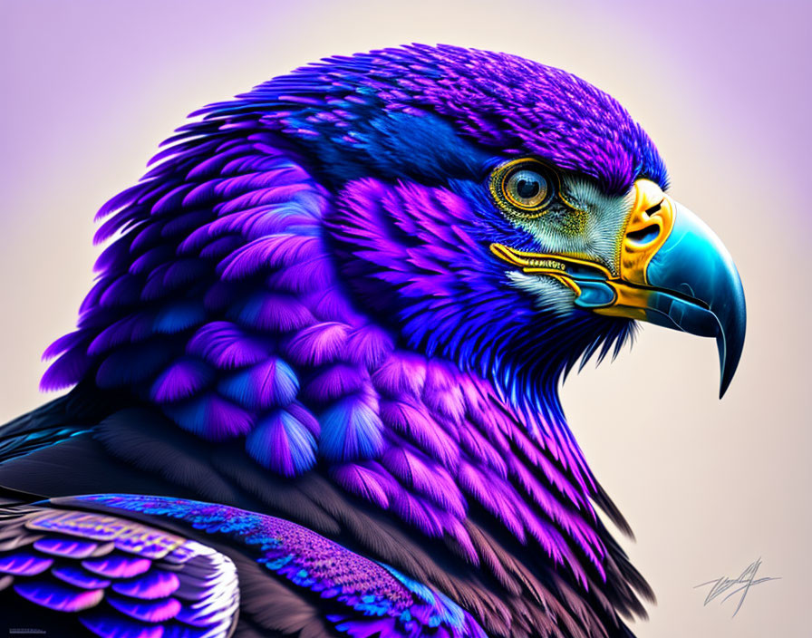 Detailed Vibrant Eagle Illustration with Yellow Beak and Purple Feathers