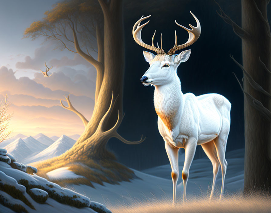 White deer in serene winter forest with snow-covered ground