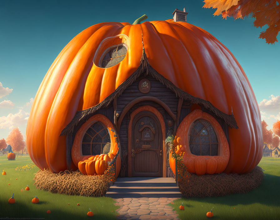 Fantasy illustration: Cozy house in giant pumpkin with round windows and wooden door.