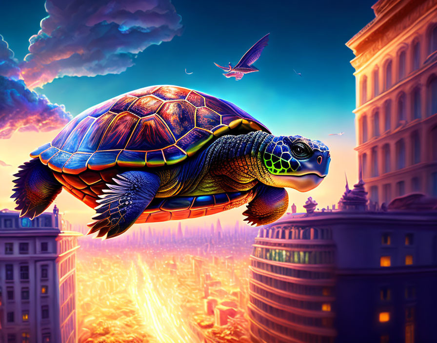 Colorful illustration: Giant turtle soaring over futuristic city at sunset