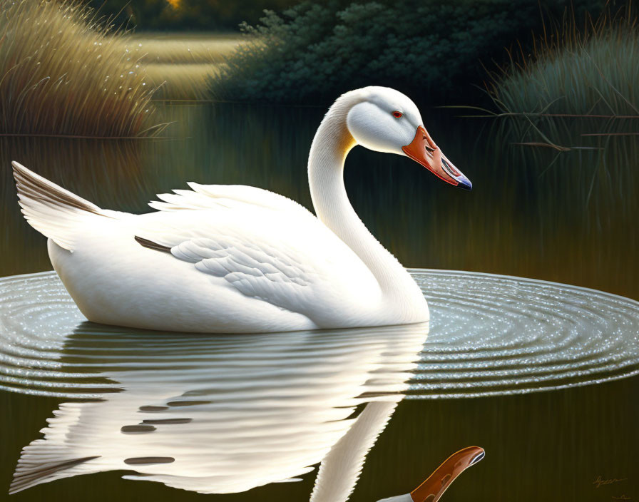 White Swan with Orange Beak Floating on Calm Water