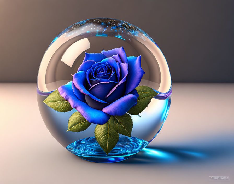 Blue rose in transparent sphere with halo of light and water on grey background