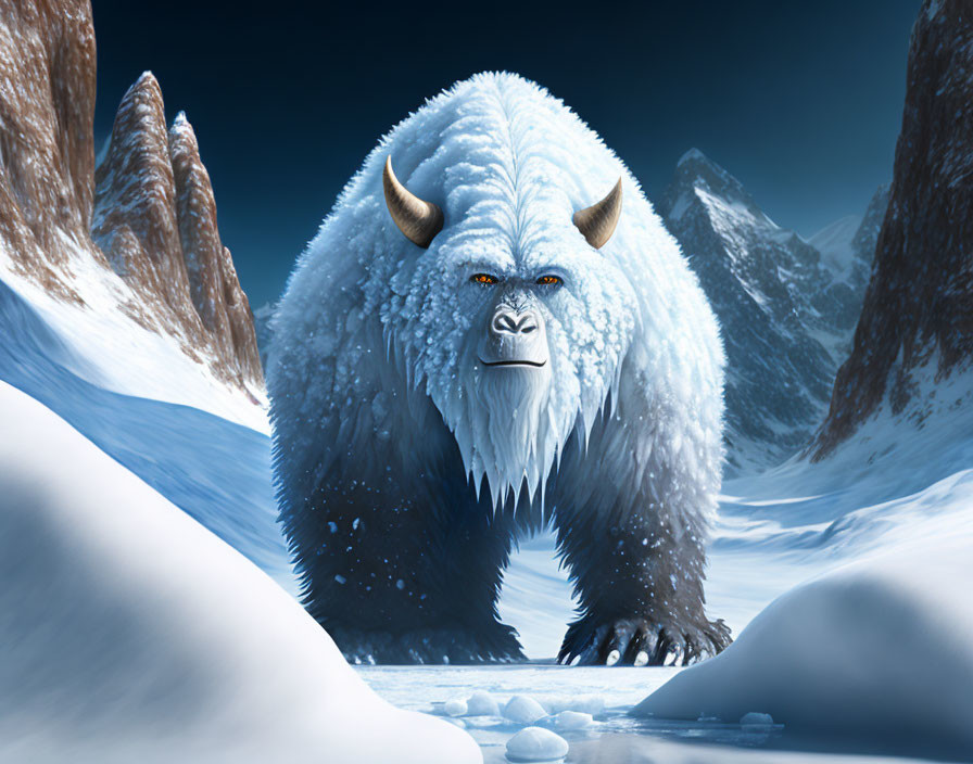 Majestic white fur mythical creature in snowy mountains