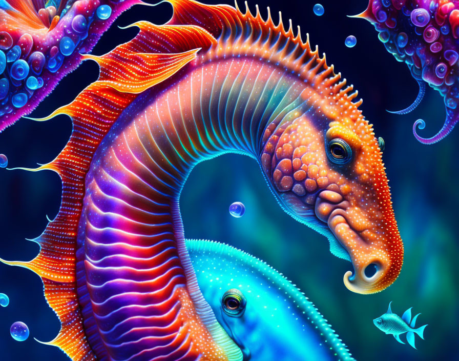 Colorful Seahorse Illustration with Glowing Patterns in Aquatic Setting