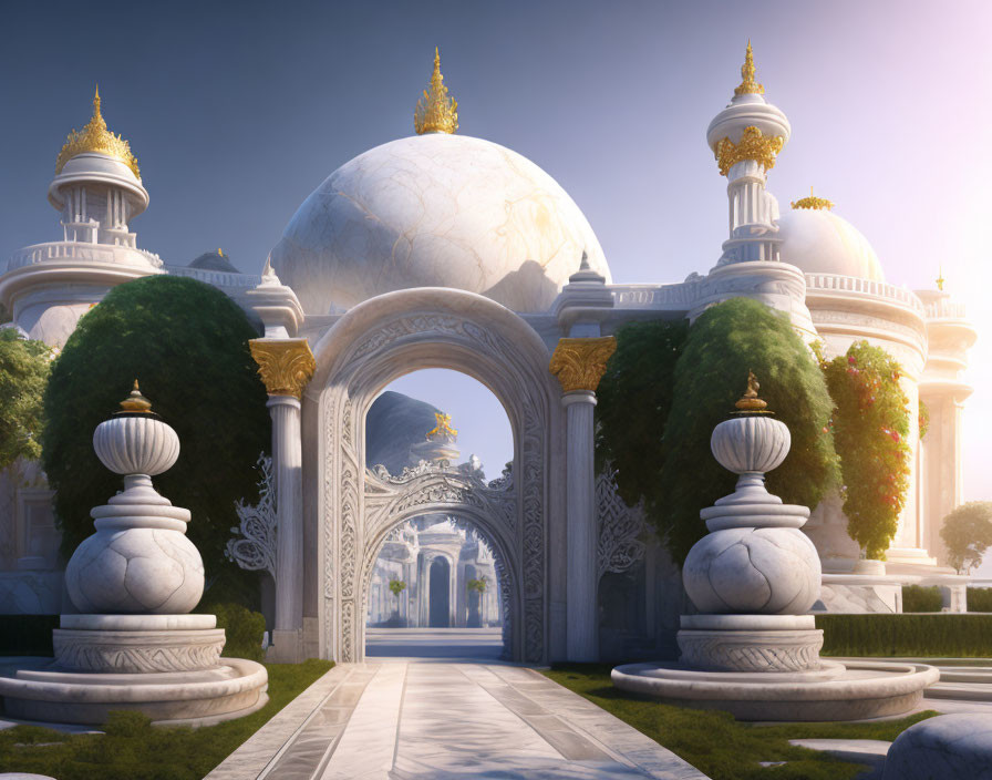 Fantasy Palace with Golden Domes and Intricate Arches