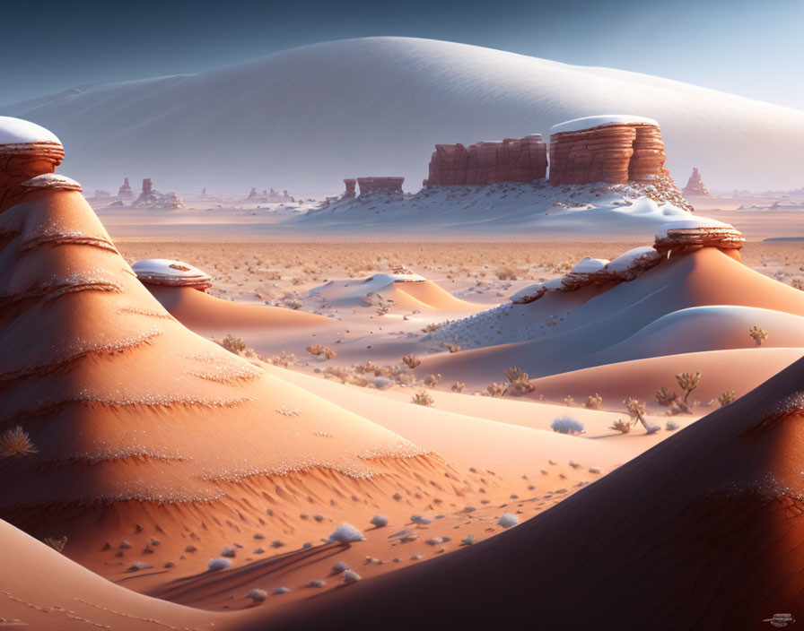 Desert landscape with sand dunes, rock formations, and clear sky