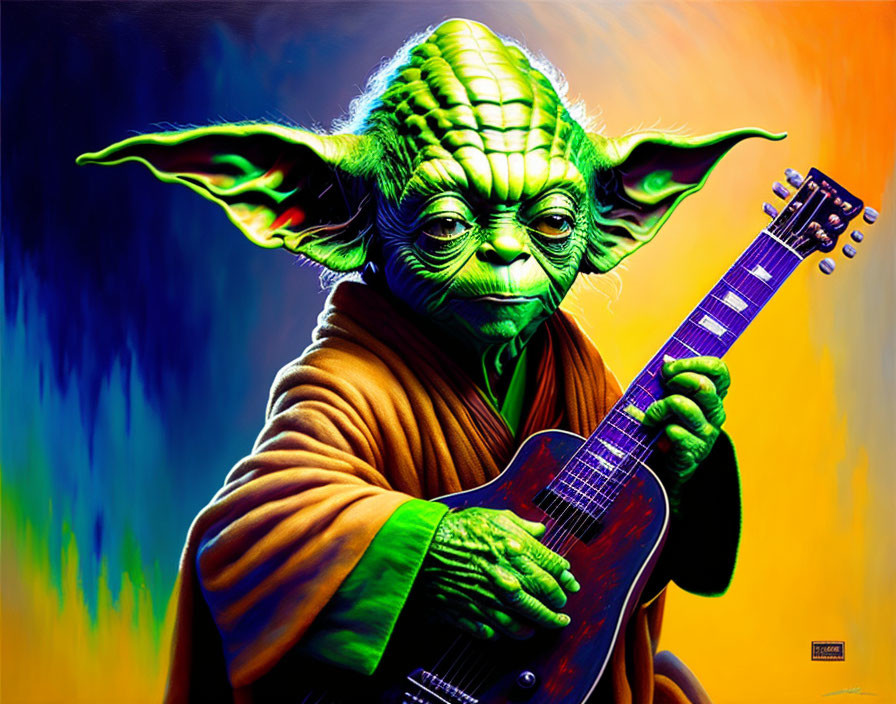 Colorful Yoda Illustration with Electric Guitar on Psychedelic Background