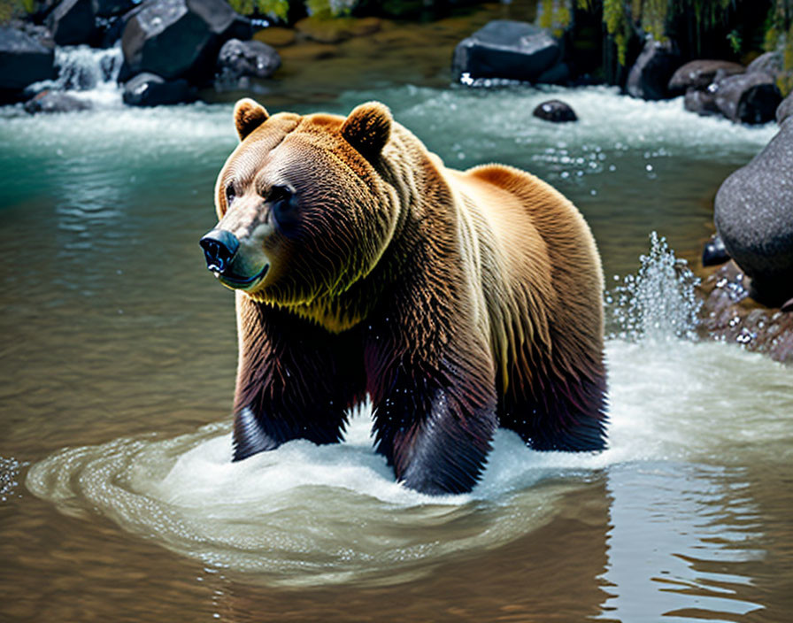 Brown bear partially submerged in water with rocks and waterfall.