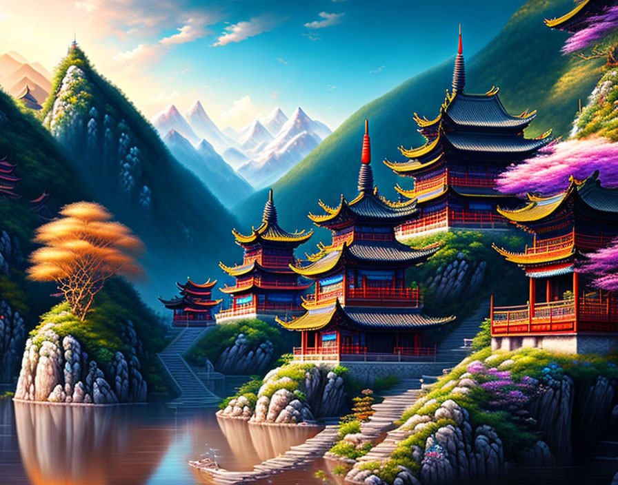 Digital artwork of Asian-style pagoda complex in mountainous landscape