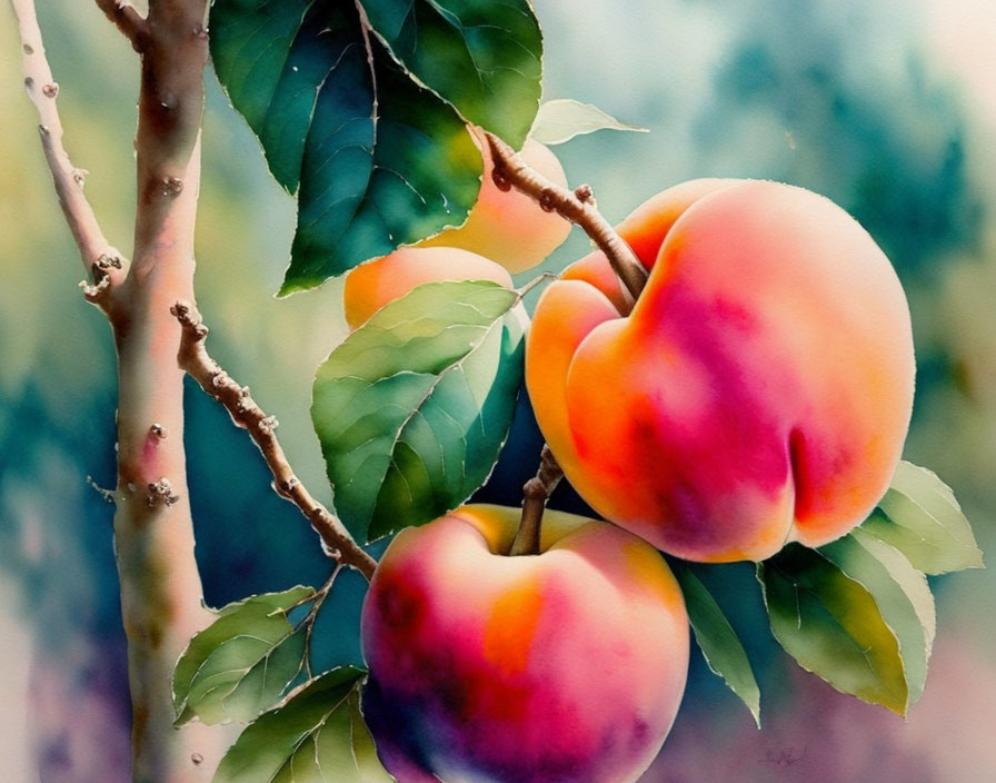 Vibrant watercolor painting of two peaches on branch with green leaves