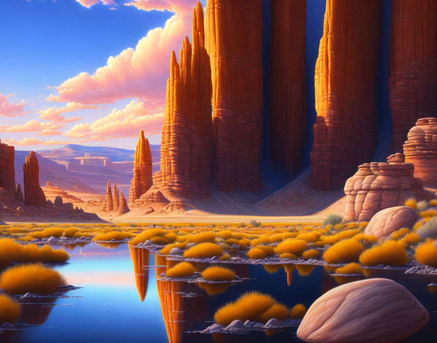 Red Rock Formations and Serene Water Body in Animated Landscape