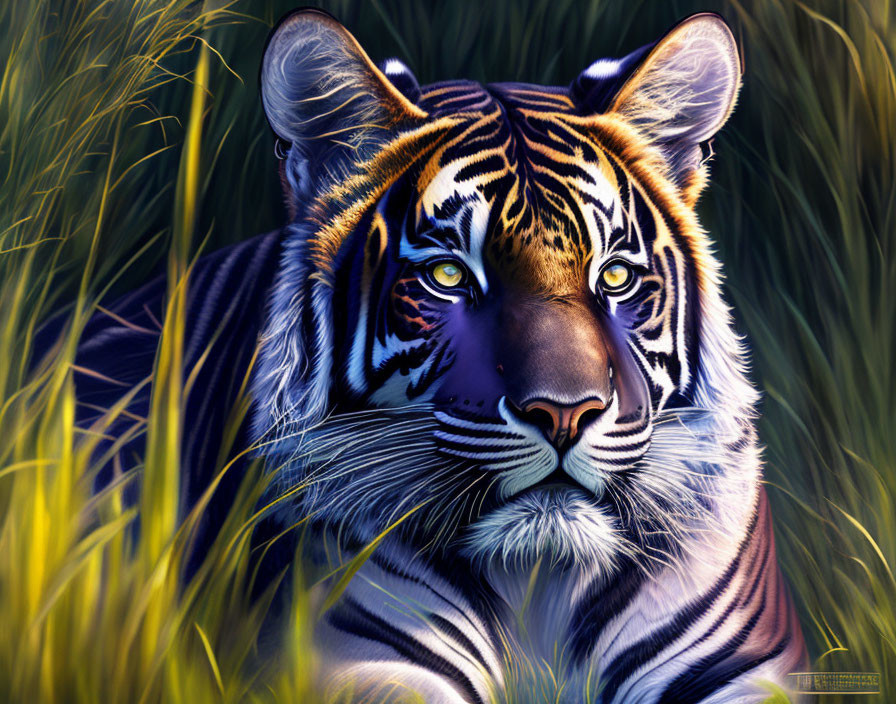 Vibrantly colored digital painting of a tiger in tall grass