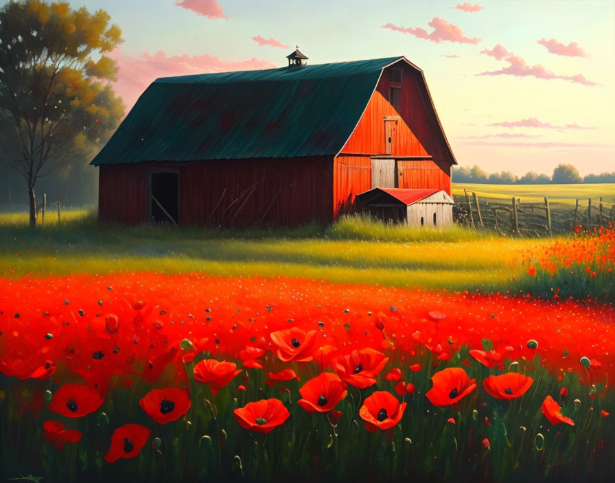 Red barn surrounded by poppies in a sunset landscape