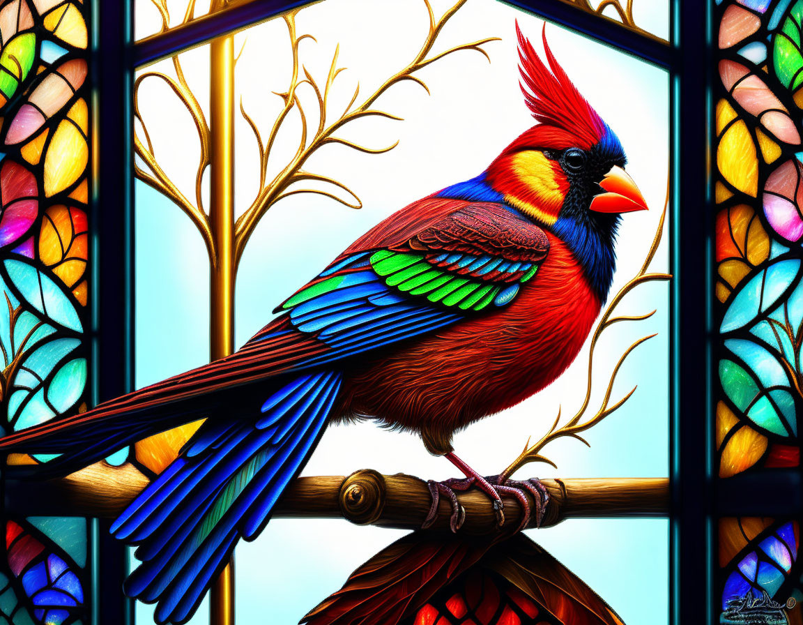 Colorful Cardinal Perched on Branch in Front of Stained Glass Window