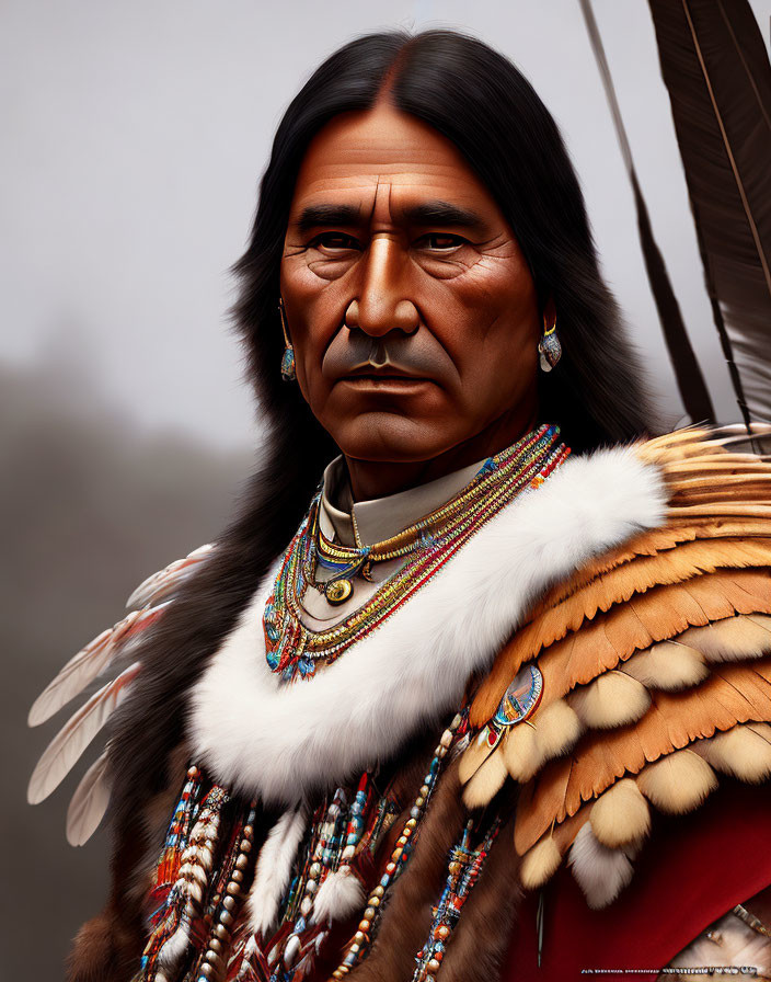 Native American man in traditional attire with long dark hair portrait.