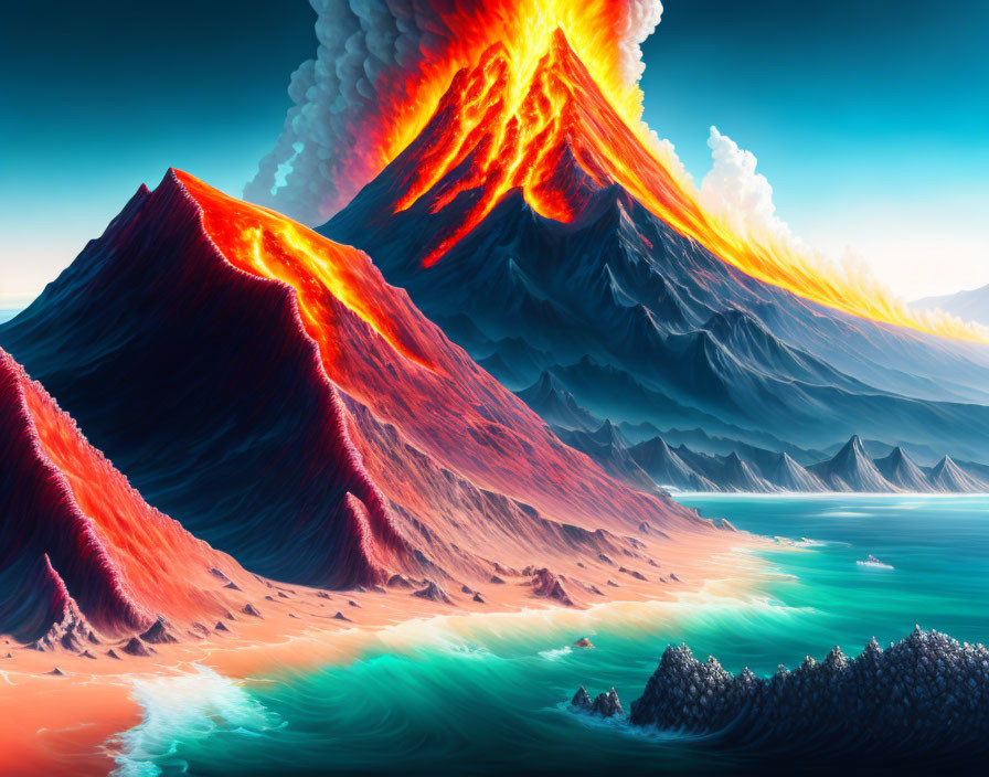 Vibrant digital artwork: volcanic eruption with lava flowing into the sea