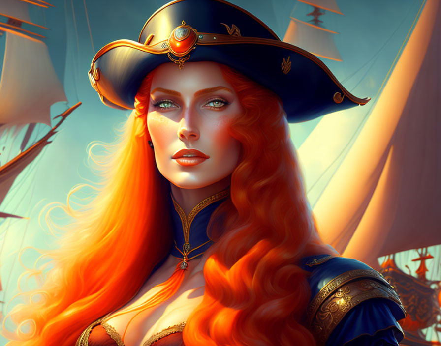 Digital illustration: Red-haired woman in tricorn hat & navy blue jacket with gold accents, pirate theme