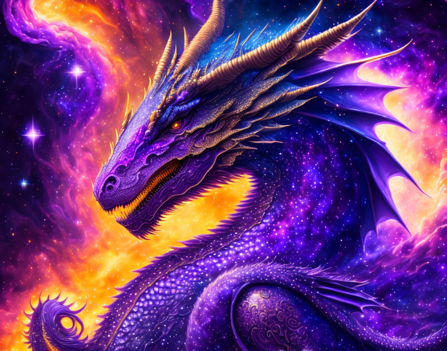 Mythical purple dragon with golden accents in cosmic setting