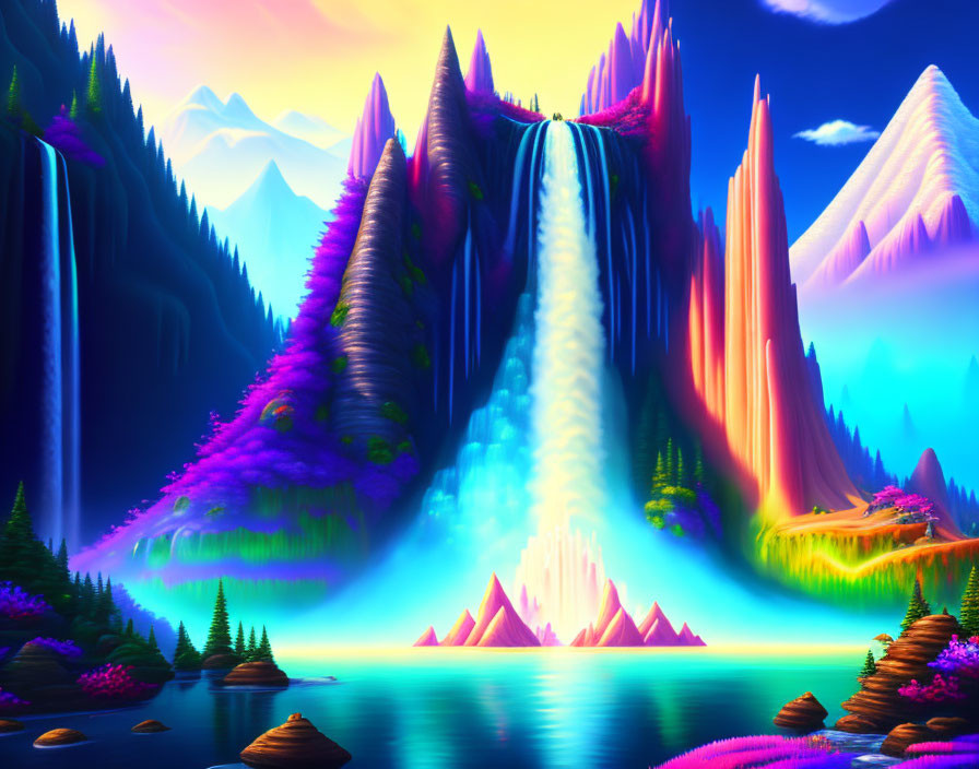 Neon-colored digital art: dual waterfall, lush mountains, reflective river