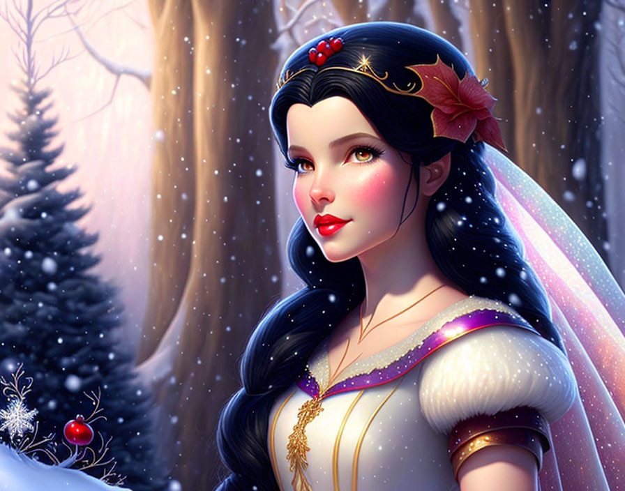 Illustrated portrait of woman with dark hair and red berries in wintry forest setting