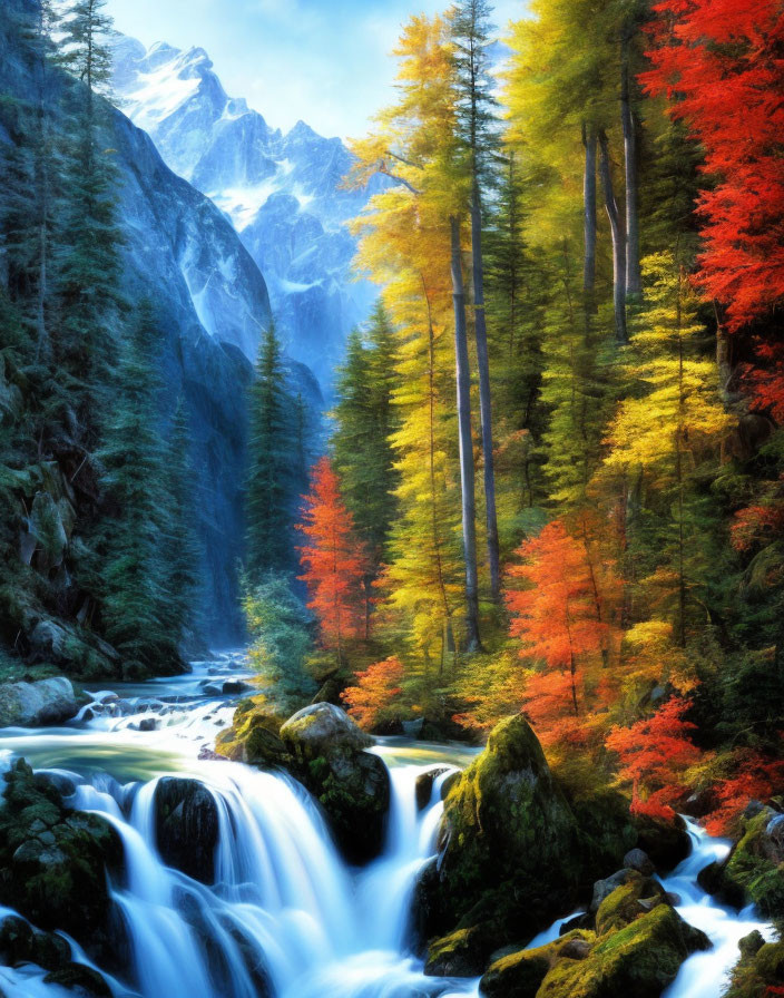 Vibrant autumn waterfall with red and yellow trees, snowy mountains, and blue sky