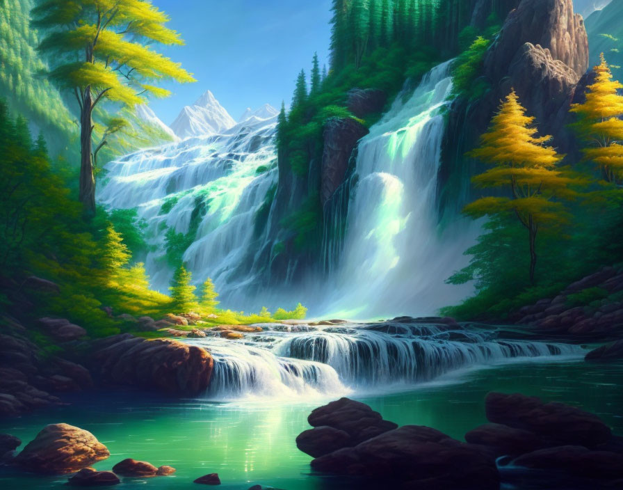 Vibrant green and yellow forest with cascading waterfall and serene river