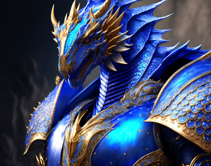 Detailed Blue Dragon with Golden Accents: Majestic and Regal Fantasy Imagery