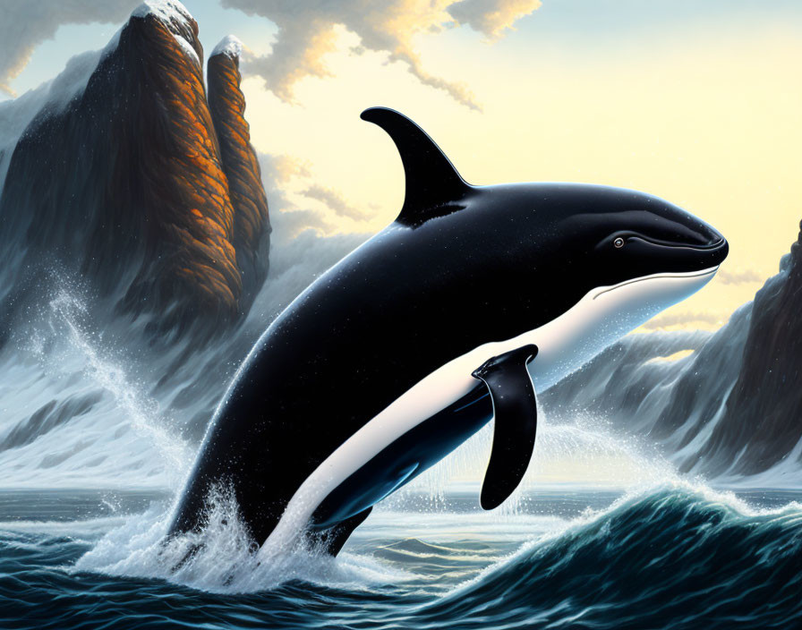 Orca jumping in ocean with waves and cliffs against dramatic sky