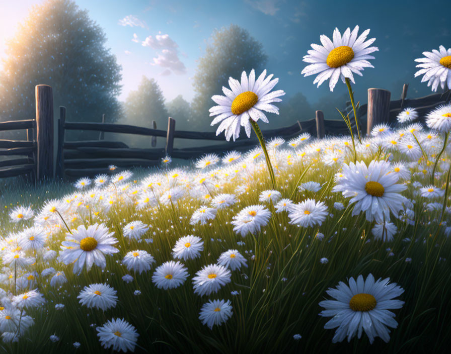 Blooming daisies in rustic field at sunrise