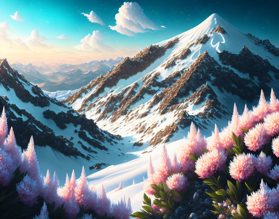 Snow-capped mountains and pink flora under a starry sky.