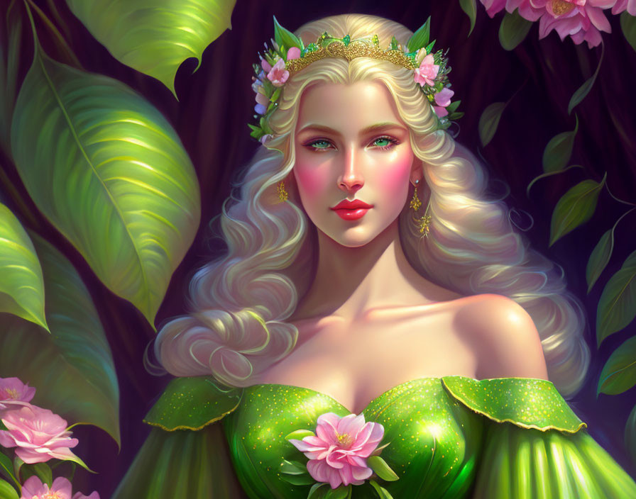 Illustrated portrait: Woman with wavy blonde hair, floral crown, green dress, surrounded by lush