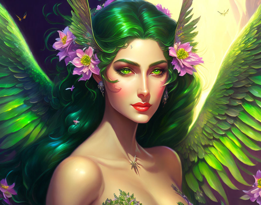 Colorful fantasy art of a female figure with green hair and butterfly wings