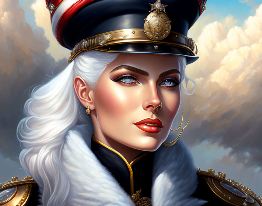 Digital artwork: Woman with blue eyes in military hat & fur coat under cloudy sky