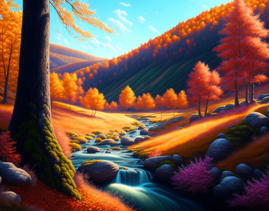 Colorful Autumn Landscape with Babbling Creek and Sunny Sky