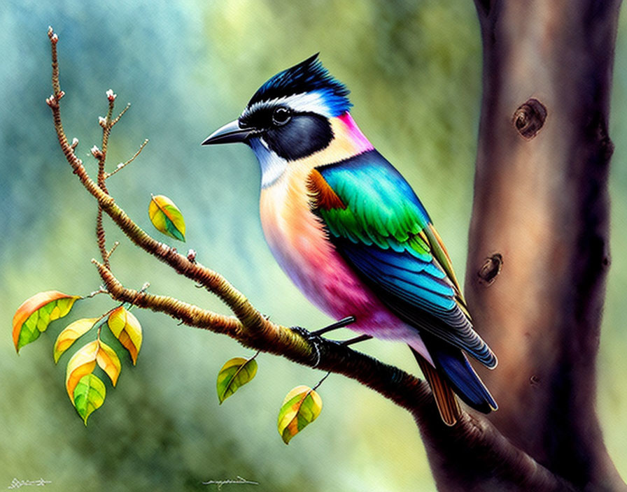 Colorful Bird Perched on Branch with Leaves