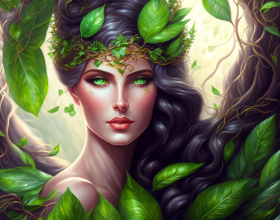 Fantasy illustration of woman with long hair and green foliage crown.