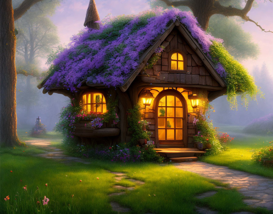 Serene Forest Cottage with Violet Flower Roof and Warm Light