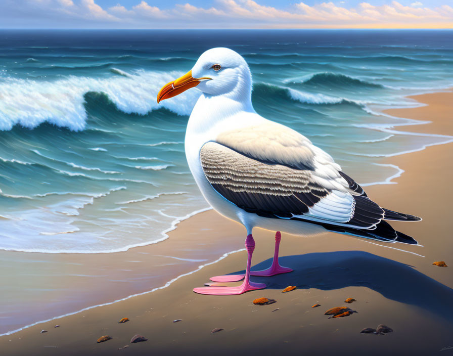 Seagull on sandy beach with rolling waves and rainbow sky