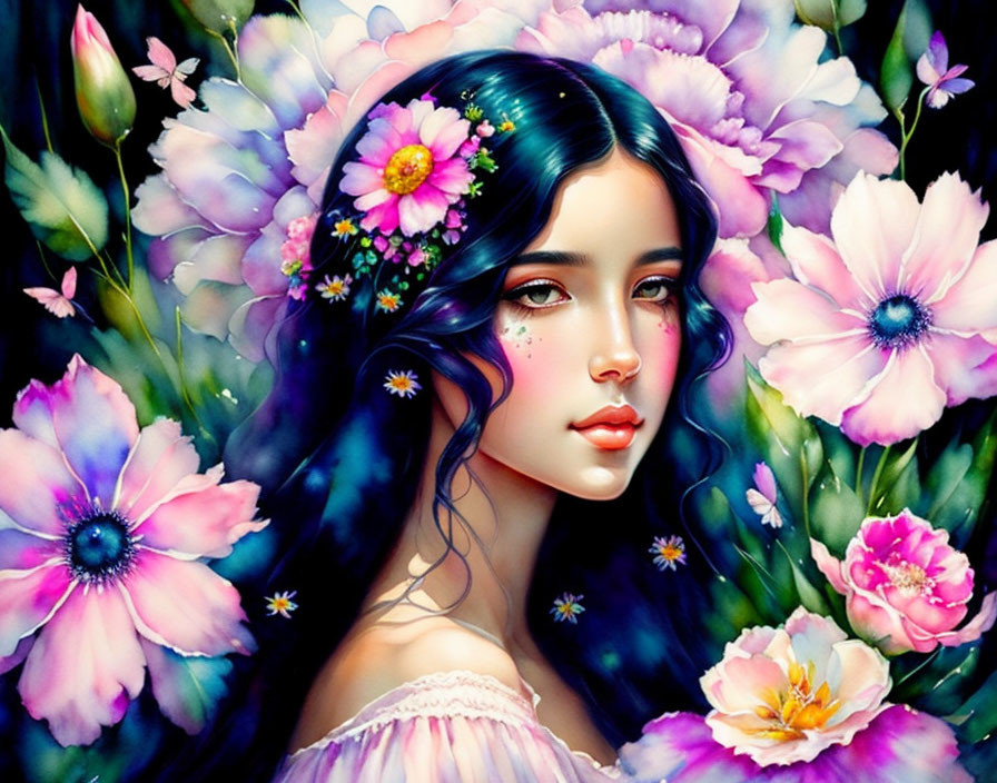 Dark-haired woman surrounded by pink and purple flowers in mystical setting.