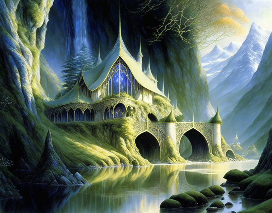 Elven-style palace in lush valley with river and mountains