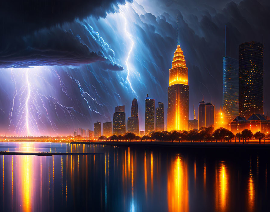 Night cityscape with illuminated buildings reflected in water under stormy sky