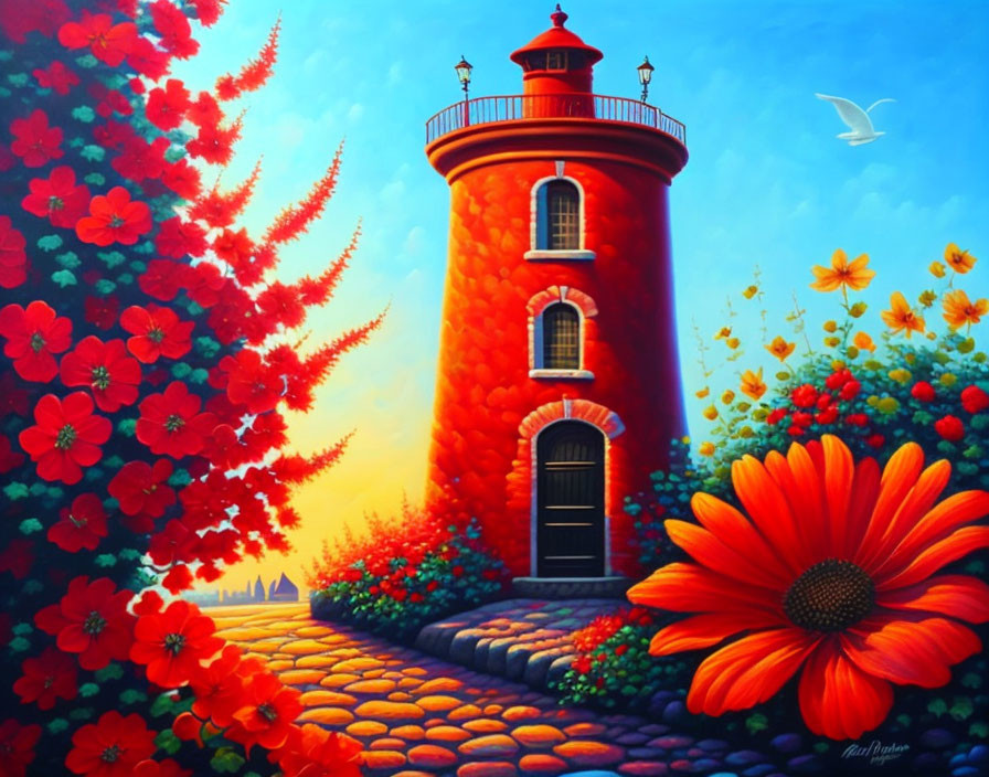 Colorful painting: Red lighthouse, flowers, blue sky, seagull.