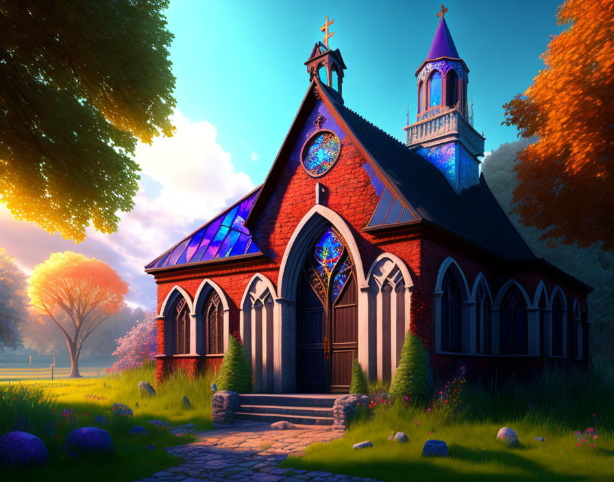 Chapel with Stained Glass Windows Surrounded by Vibrant Nature at Sunset