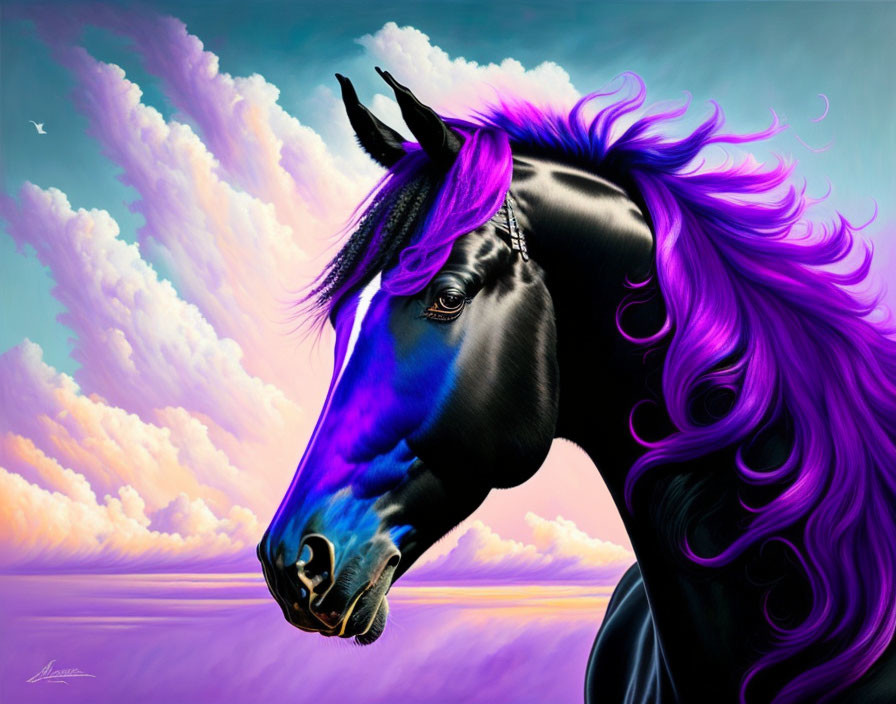 Colorful horse painting with blue and purple mane on pastel sky backdrop